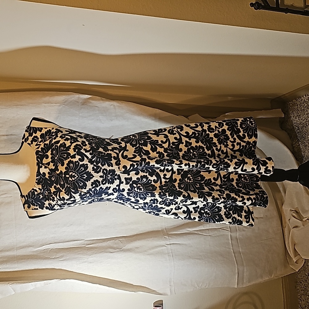 blue, gold, & cream paisley print A-line dress
